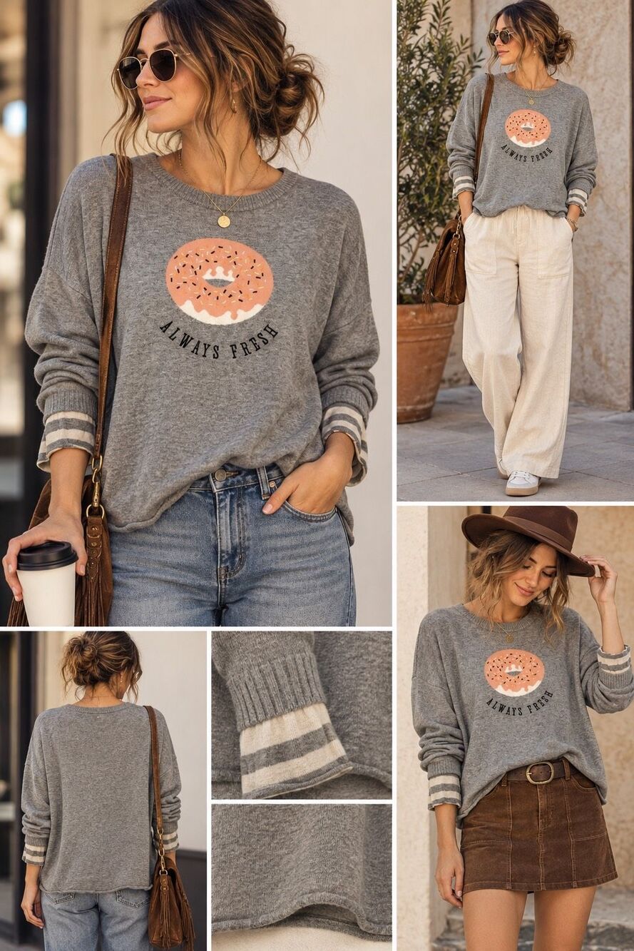 Lisa Todd Donut Sweater M Gray Donut Novelty Cotton Cashmere Crewneck Embroidere